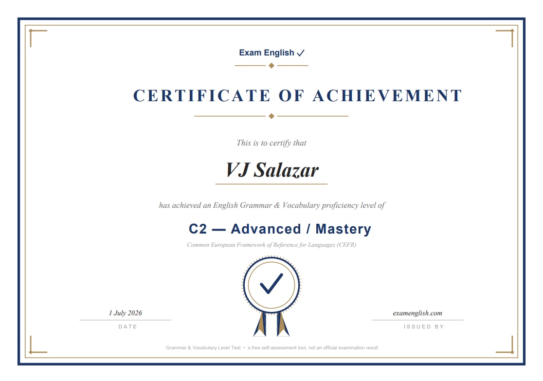 Certificate of Achievement showing VJ Salazar's C2 Advanced / Mastery result in English Grammar and Vocabulary